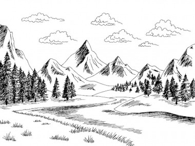 Mountain river graphic black white landscape sketch illustration vector